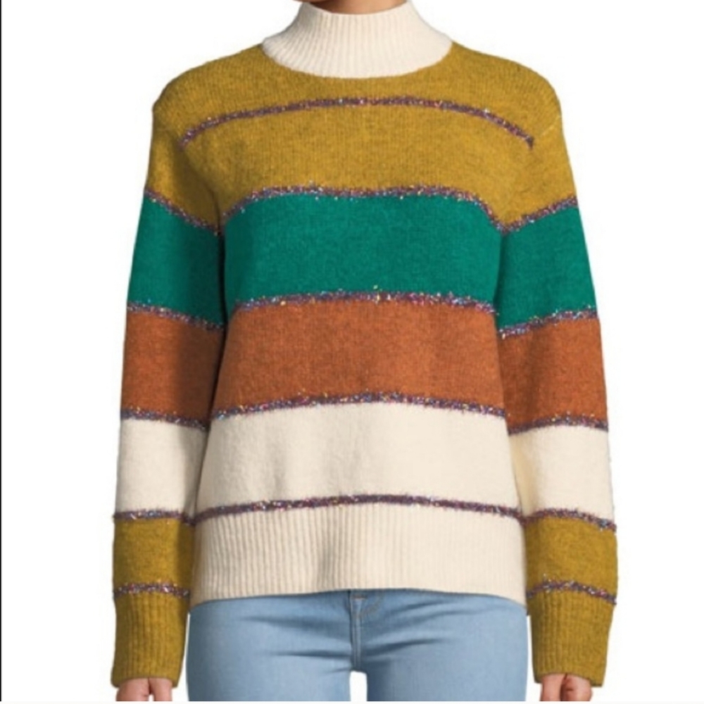 Allison New York Metallic Tinsel Striped Mock Neck Sweater